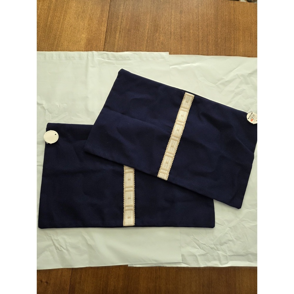 Pair Of Ballard Designs Applique Trim Indoor Outdoor Pillow Covers Two Navy